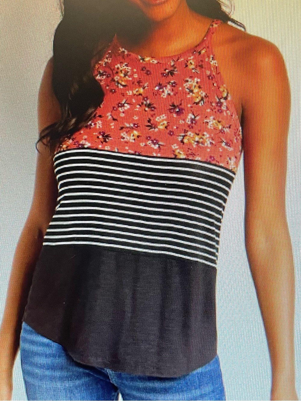 Floral Contrast Striped Tank Top - Coral Floral